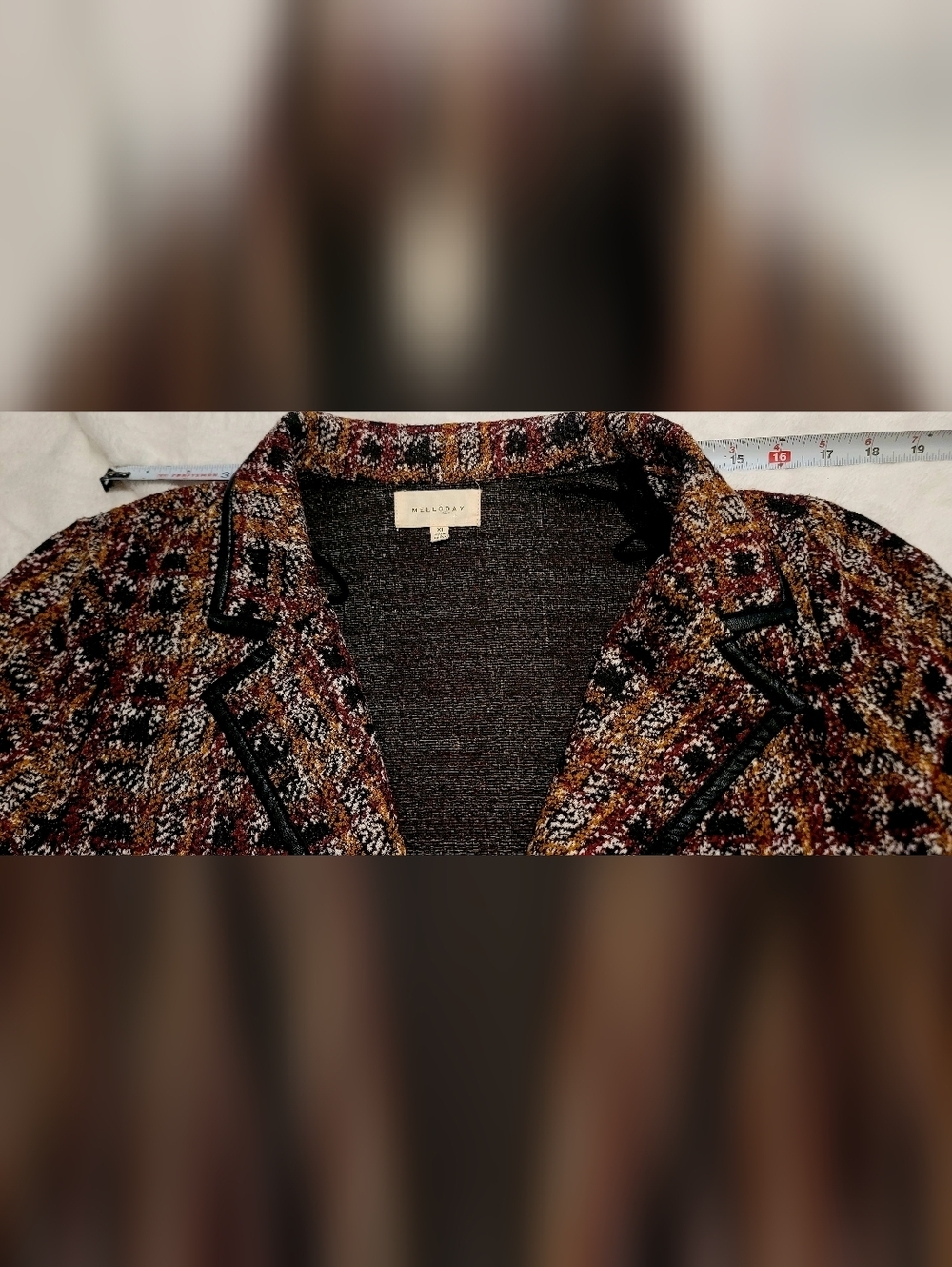MellowDay Women's Long Tweed Style Jacket With Faux Leather Lining Sz XL - Picture 12 of 12